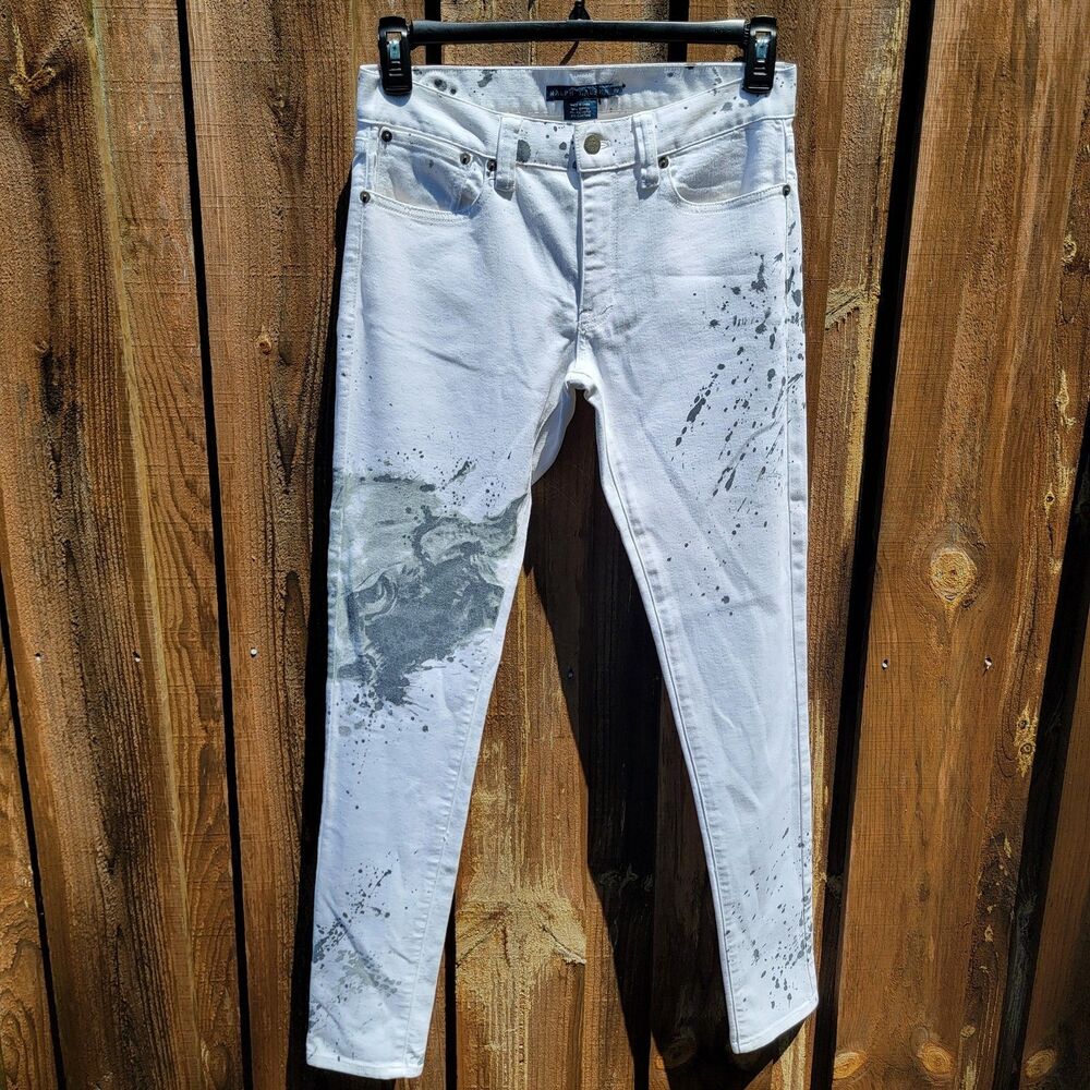 Ralph Lauren Womens 29 White Bull Graphic Paint Splatter Skinny Jeans RL 67